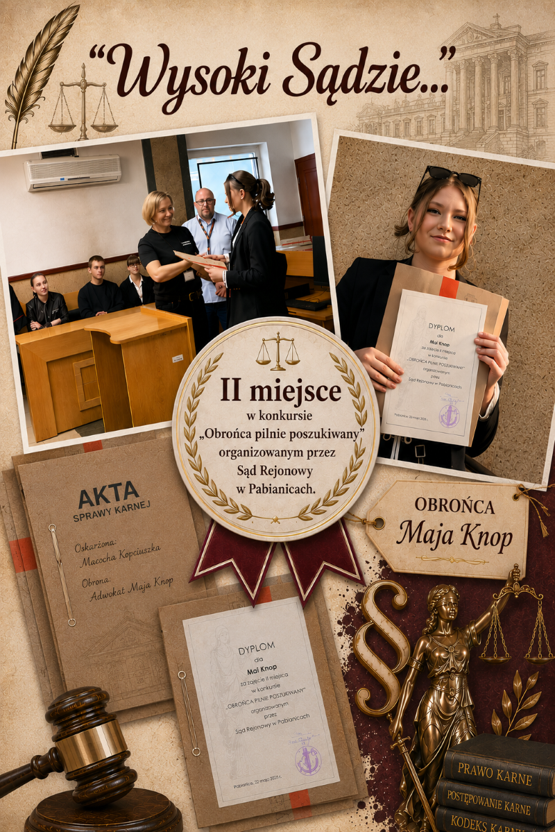 Uczennica klasy 6b podczas uroczystego wręczenia nagród w konkursie „Obrońca pilnie poszukiwany” organizowanym przez Sąd Rejonowy w Pabianicach.