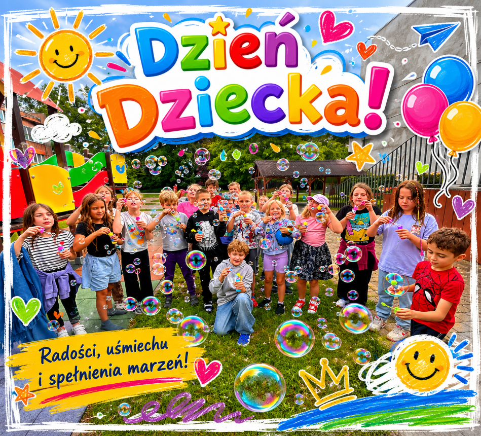 Uczniowie bawią się na szkolnym placu zabaw podczas obchod&oacute;w Dnia Dziecka, puszczając kolorowe bańki mydlane i spędzając czas w radosnej atmosferze.