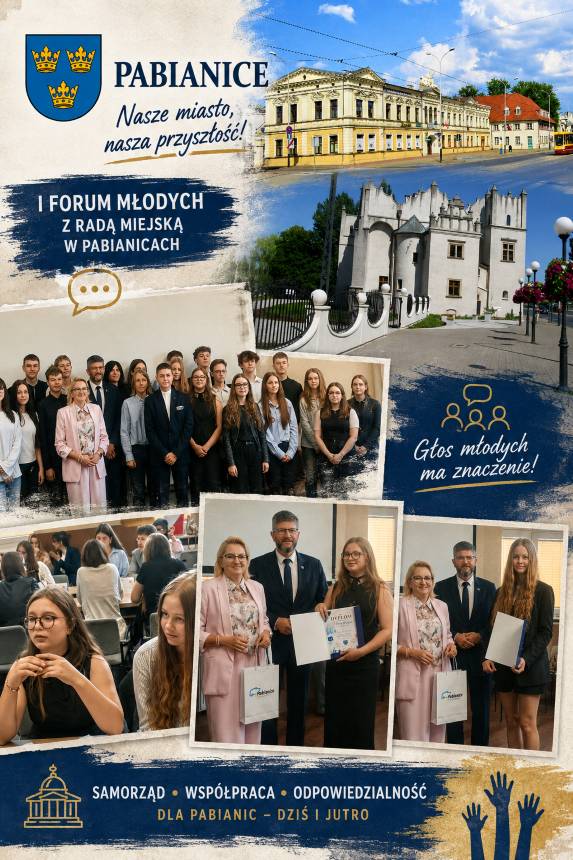 Uczennice SP13 podczas I Forum Młodych w Pabianicach. Kolaż przedstawia obrady, spotkanie z władzami miasta, wręczenie dyplom&oacute;w oraz symbole i zabytki Pabianic.