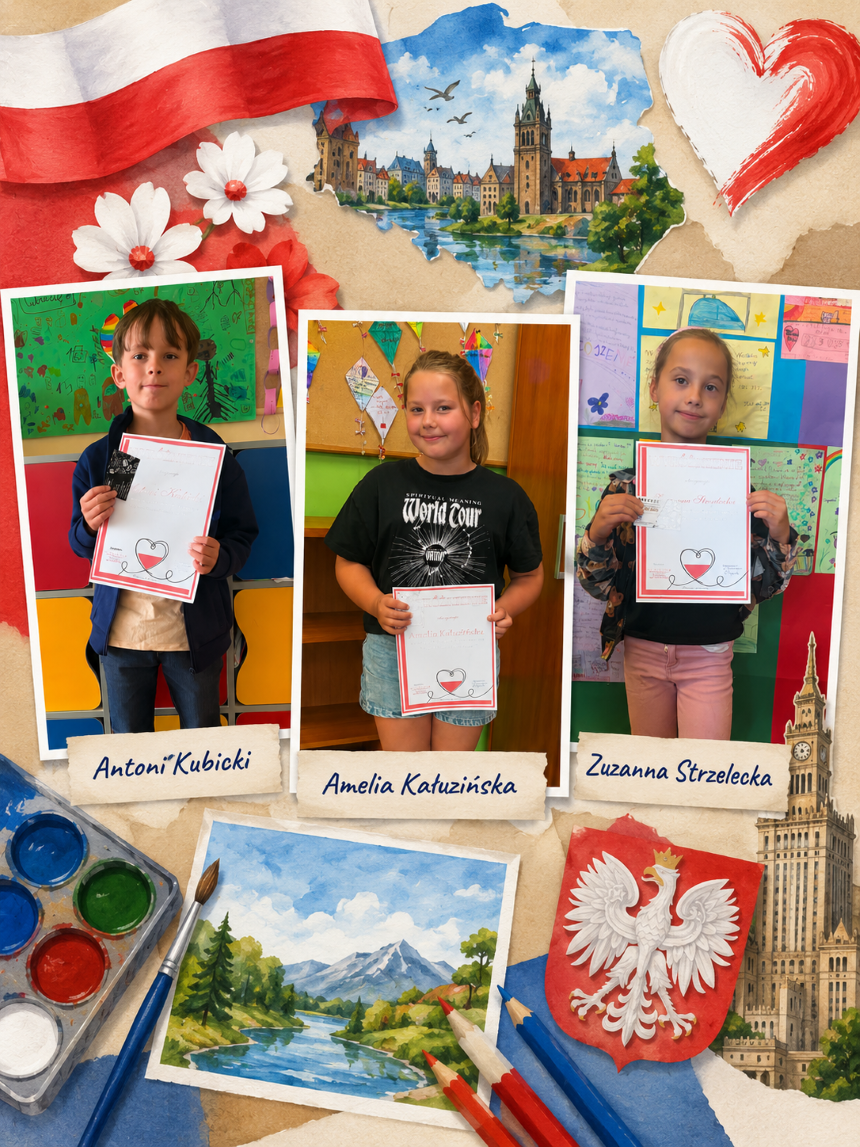 Plakat konkursu &bdquo;Piękna Nasza Polska Cała&rdquo; przedstawiające wyr&oacute;żnionych uczestnik&oacute;w na tle polskich symboli narodowych i motyw&oacute;w artystycznych