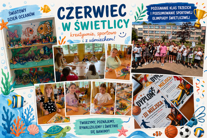 Czerwiec w świetlicy to miesiąc pełen kreatywności, sportowych emocji i wsp&oacute;lnej zabawy. Na plakacie uwieczniono najpiękniejsze chwile z obchod&oacute;w Światowego Dnia Ocean&oacute;w oraz podsumowania Świetlicowej Olimpiady Sportowej i pożegnania klas trzecich.