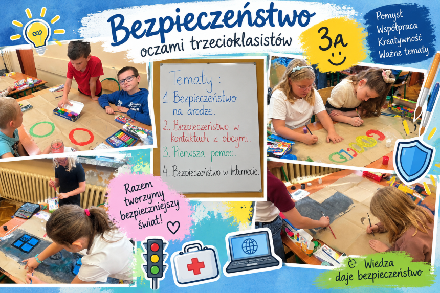 Uczniowie klasy 3a wsp&oacute;lnie tworzą plakaty dotyczące r&oacute;żnych zasad bezpieczeństwa.