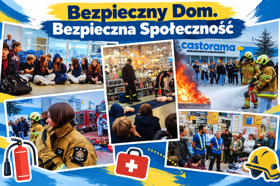 Kolaż zdjęć z warsztat&oacute;w &bdquo;Bezpieczny Dom. Bezpieczna Społeczność&rdquo;, podczas kt&oacute;rych uczniowie poznawali zasady bezpieczeństwa, udzielania pierwszej pomocy oraz reagowania w sytuacjach zagrożenia.