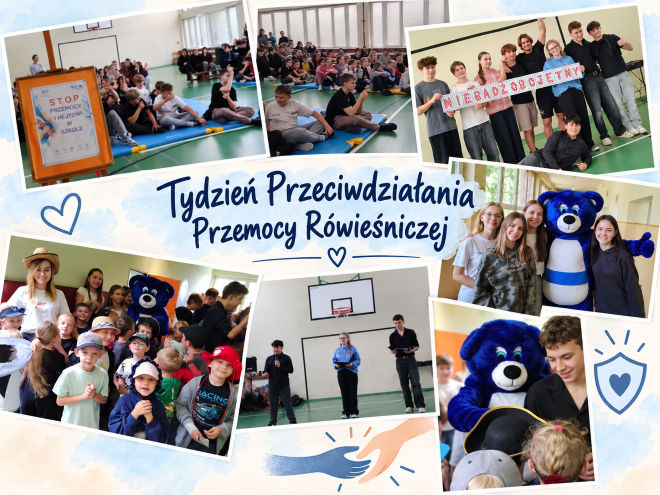 Kolaż przedstawia najważniejsze momenty z Tygodnia Przeciwdziałania Przemocy Rówieśniczej zorganizowanego w naszej szkole. Na zdjęciach widać uczniów uczestniczących w apelu, wystąpieniach oraz spotkaniach poświęconych budowaniu bezpiecznych i życzliwych relacji. W kompozycji znalazły się również fotografie gości prowadzących działania profilaktyczne oraz wspólne zdjęcia uczniów z niebieską maskotką, która towarzyszyła wydarzeniu.