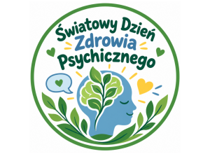 Okrągłe logo „Światowy Dzień Zdrowia Psychicznego”. Niebieski profil głowy z zielonym mózgiem w formie liści, otoczony roślinami i symbolami wsparcia.
