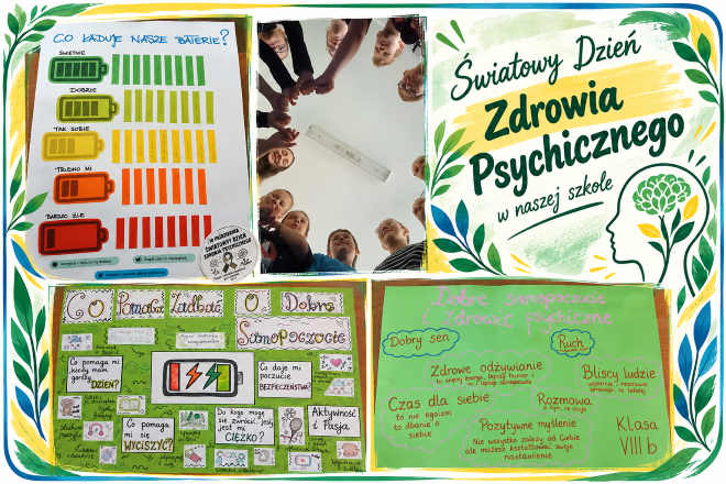 Kolaż przedstawia działania zorganizowane w naszej szkole z okazji Światowego Dnia Zdrowia Psychicznego. Na zdjęciach zaprezentowano prace plastyczne uczni&oacute;w poświęcone emocjom, dobremu samopoczuciu oraz sposobom dbania o zdrowie psychiczne. Widoczna jest r&oacute;wnież fotografia grupy uczni&oacute;w, kt&oacute;rzy wsp&oacute;lnym gestem podkreślają znaczenie wzajemnego wsparcia i integracji.
