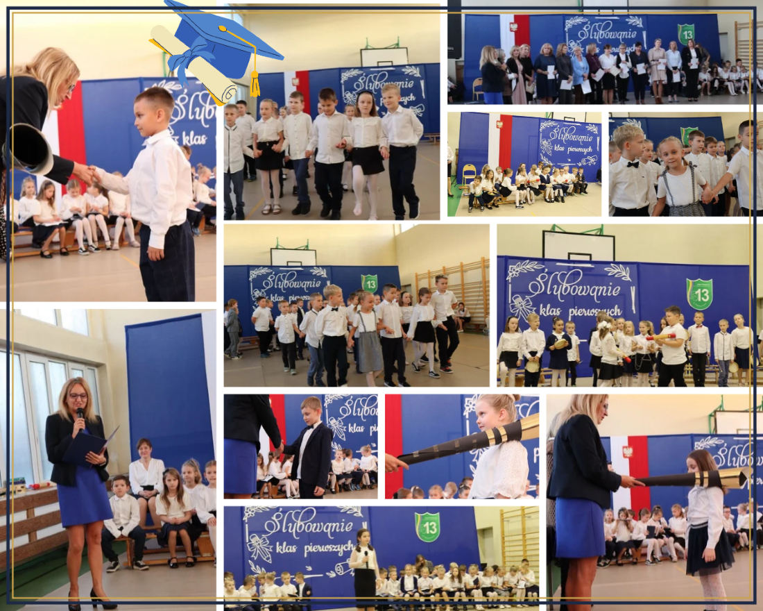 Kolaż zdjęć z uroczystego ślubowania uczni&oacute;w klas pierwszych. Przedstawia występy artystyczne, pasowanie na ucznia oraz wręczenie Nagr&oacute;d Dyrektora Szkoły z okazji Dnia Edukacji Narodowej.