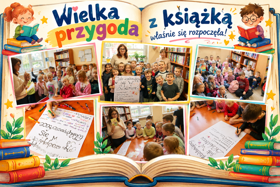 Kolorowy plakat w kształcie otwartej książki z napisem „Wielka przygoda z książką właśnie się rozpoczęła!”. Sześć fotografii przedstawia uczniów podczas wizyty w szkolnej bibliotece – słuchających nauczycielki, poznających zasady korzystania z biblioteki, wspólnie tworzących plakat „Jak zachowujemy się w bibliotece?” oraz pozujących do grupowego zdjęcia. Całość uzupełniają ilustracje czytających dzieci, kolorowych książek i gwiazdek.