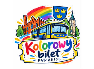 Logo konkursu „Kolorowy bilet” – kolorowy autobus na tle zabytków Pabianic, tęczy i herbu miasta z trzema koronami.