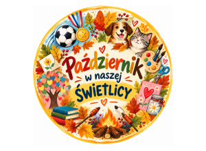 Okrągłe, kolorowe logo „Październik w naszej świetlicy”, ozdobione jesiennymi liśćmi, zwierzętami, ogniskiem, przyborami plastycznymi oraz symbolami sportu i życzliwości.