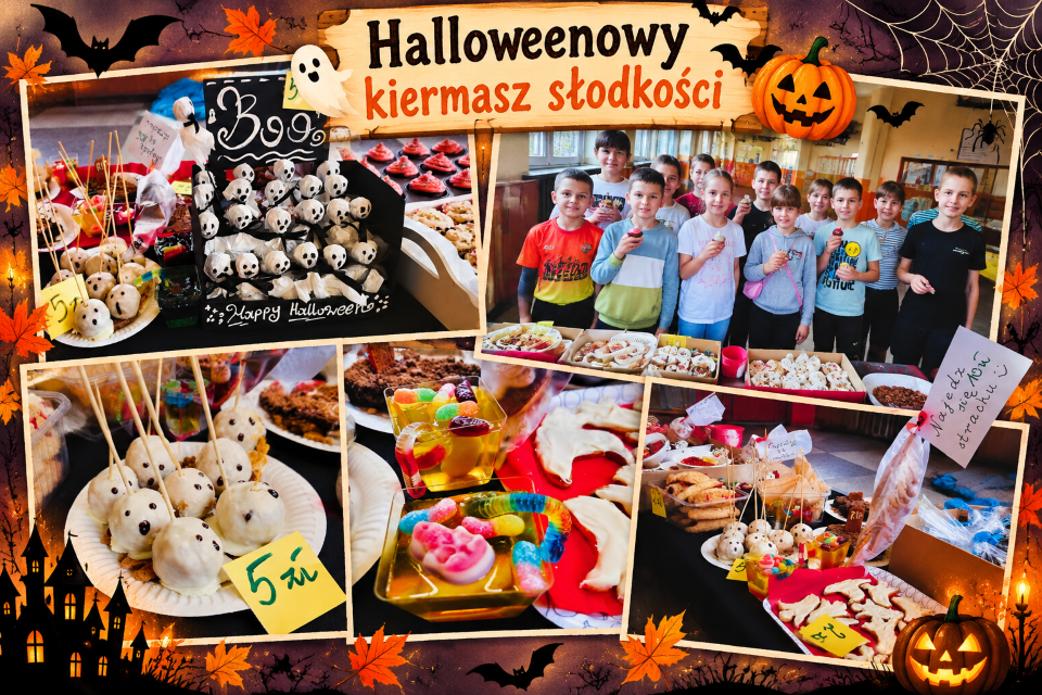 Kolaż przedstawia zdjęcia z halloweenowego kiermaszu słodkości zorganizowanego przez Samorząd Uczniowski. Na fotografiach widoczne są pomysłowo udekorowane wypieki, babeczki, ciasteczka w kształcie duszk&oacute;w oraz kolorowe galaretki z żelkami. Jedno ze zdjęć przedstawia uczni&oacute;w przy stoisku pełnym słodkości. Całość utrzymana jest w jesiennej, halloweenowej kolorystyce, z pomarańczowo-czarnym tłem, ozdobnymi dyniami, nietoperzami i liśćmi.
