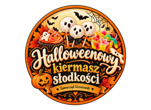 ogo halloweenowego kiermaszu słodkości zorganizowanego przez Samorząd Uczniowski. Okrągła grafika z dynią, duszkami, babeczką, żelkami i jesiennymi dekoracjami.