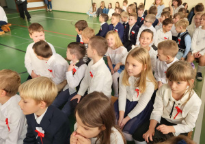 Uczniowie młodszych klas w odświętnych strojach z biało-czerwonymi kotylionami siedzą podczas apelu z okazji Święta Niepodległości.