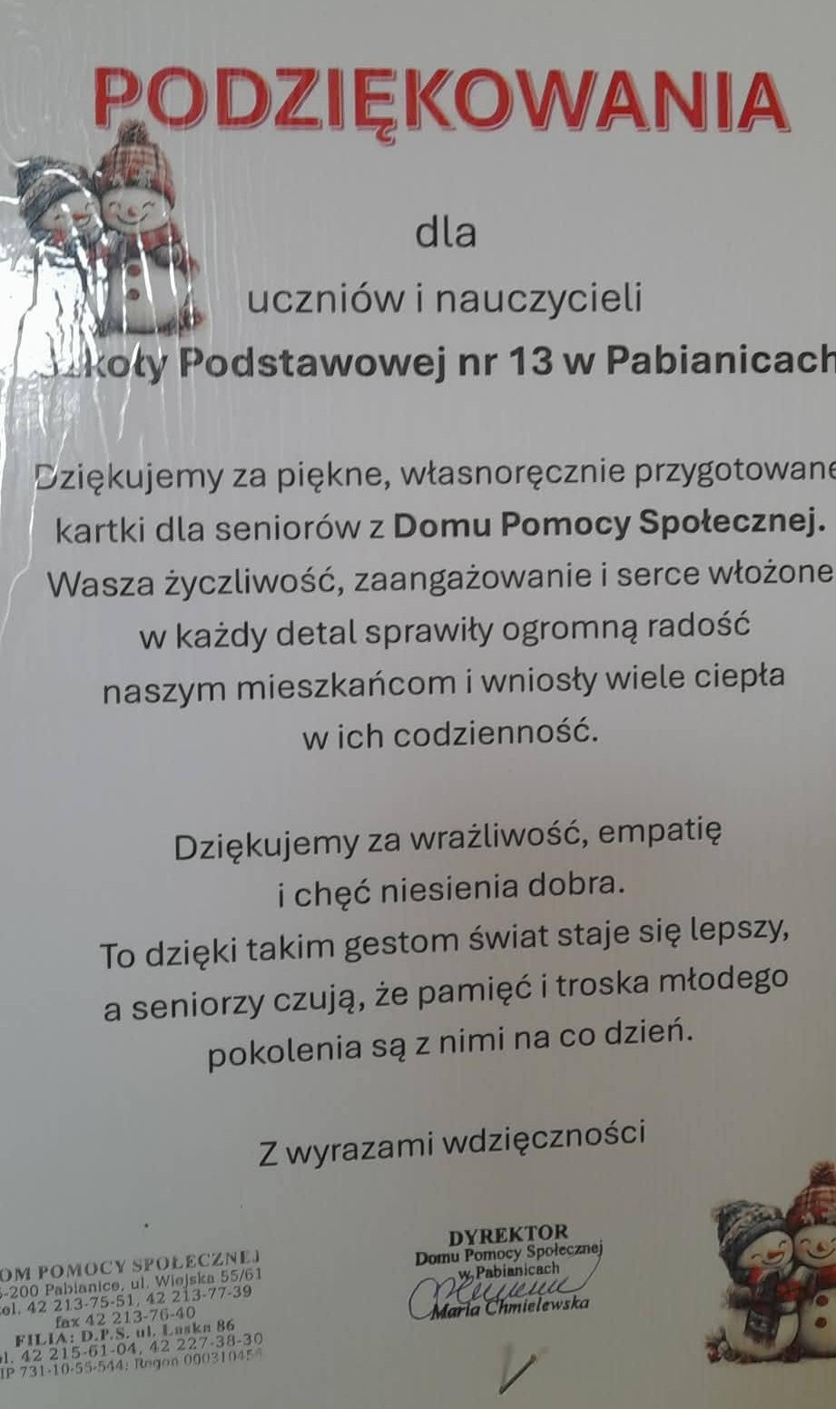 Dyplom z podzięowaniami od mieszkańc&oacute;w Domu Pomocy Społecznej w Pabianicach