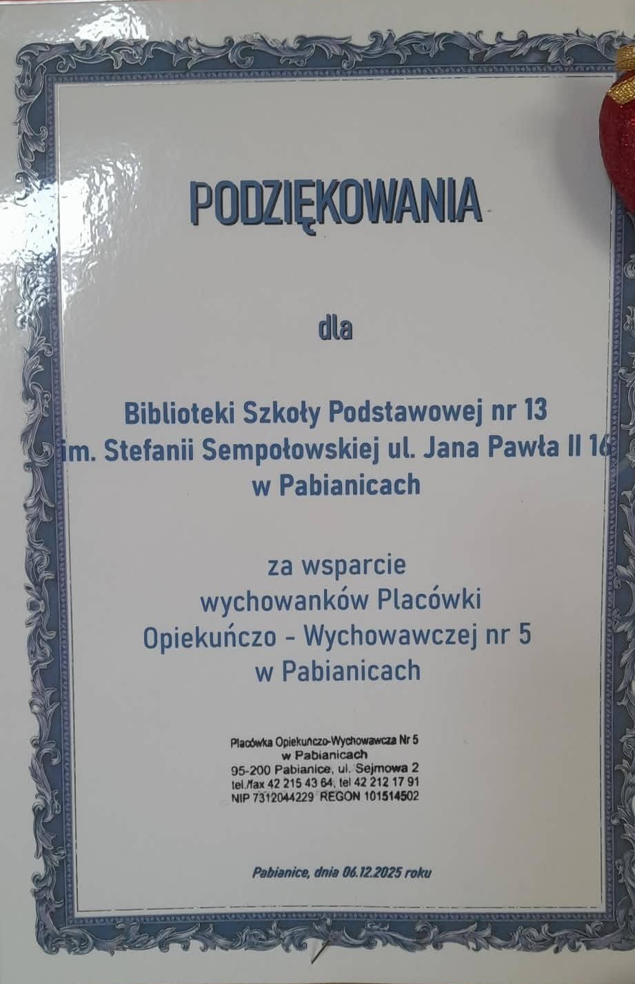 Podziękowanie od wychowank&oacute;w Plac&oacute;wki Opiekuńczo-Wychowawczej nr 5 w Łodzi