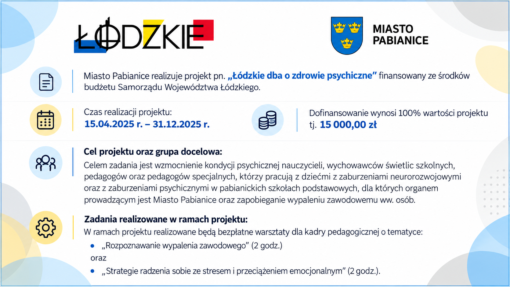 Łódzkie dba o zdrowie psychiczne – informacje o projekcie realizowanym przez Miasto Pabianice - 2025/2026