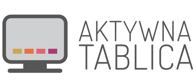 Logo programu &bdquo;Aktywna Tablica&rdquo;. Po lewej stronie znajduje się uproszczona ikona monitora lub tablicy multimedialnej w szarym kolorze, z pięcioma kolorowymi prostokątami (ż&oacute;łtym, pomarańczowym, czerwonym, r&oacute;żowym i fioletowym) u dołu ekranu. Po prawej stronie umieszczony jest napis &bdquo;AKTYWNA TABLICA&rdquo; dużymi, cienkimi literami w kolorze ciemnoszarym.