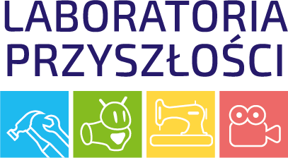 Logo programu &bdquo;Laboratoria Przyszłości&rdquo;. U g&oacute;ry znajduje się granatowy napis &bdquo;LABORATORIA PRZYSZŁOŚCI&rdquo; pisany wielkimi literami. Pod nim umieszczone są cztery kolorowe kwadraty z białymi ikonami: niebieski z młotkiem i kluczem, zielony z robotem, ż&oacute;łty z maszyną do szycia oraz czerwony z kamerą filmową.