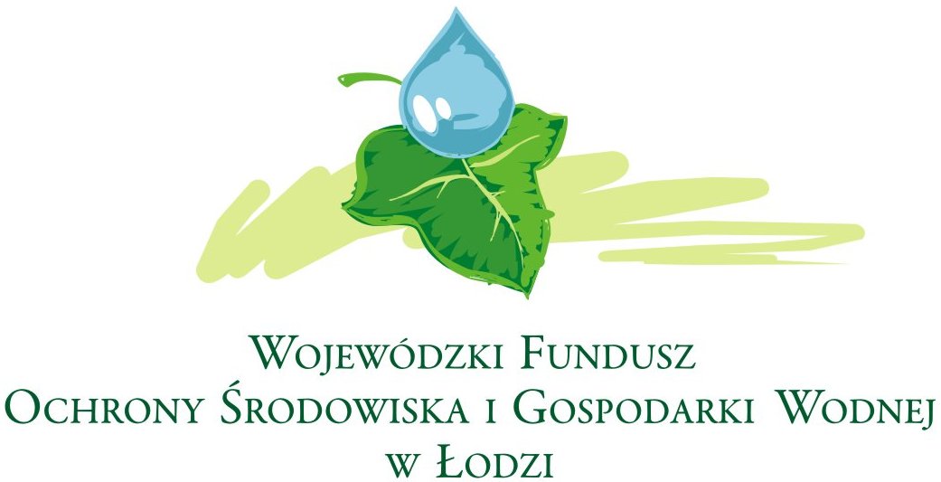 Logo Wojew&oacute;dzkiego Funduszu Ochrony Środowiska i Gospodarki Wodnej w Łodzi. U g&oacute;ry znajduje się ilustracja zielonego liścia z dużą niebieską kroplą wody umieszczoną na jego środku. W tle widoczne są jasne, zielonkawe pociągnięcia pędzla. Pod grafiką widnieje nazwa instytucji zapisana zieloną czcionką: &bdquo;Wojew&oacute;dzki Fundusz Ochrony Środowiska i Gospodarki Wodnej w Łodzi&rdquo;.