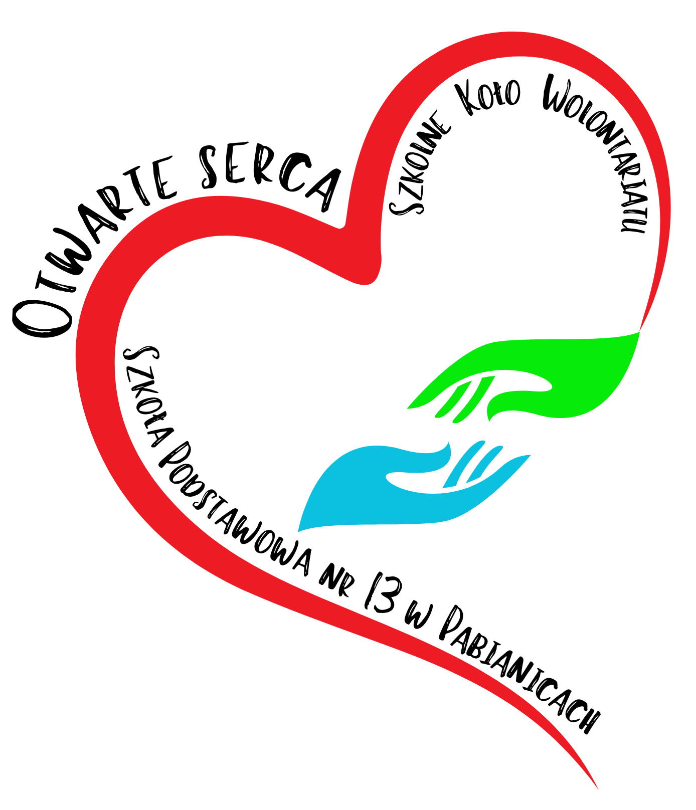 Logo Szkolnego Koła Wolontariatu &bdquo;Otwarte Serca&rdquo; przy Szkole Podstawowej nr 13 w Pabianicach. Grafika przedstawia czerwone serce, kt&oacute;rego kontur tworzy ramę dla tekstu. Wewnątrz serca znajdują się napisy ułożone wzdłuż jego kształtu: u g&oacute;ry &bdquo;Szkolne Koło Wolontariatu&rdquo;, po lewej stronie &bdquo;Otwarte Serca&rdquo;, a na dole &bdquo;Szkoła Podstawowa nr 13 w Pabianicach&rdquo;. W środku serca widnieją dwie stylizowane dłonie &ndash; zielona skierowana w d&oacute;ł i niebieska skierowana w g&oacute;rę &ndash; symbolizujące pomoc i wsp&oacute;łpracę.