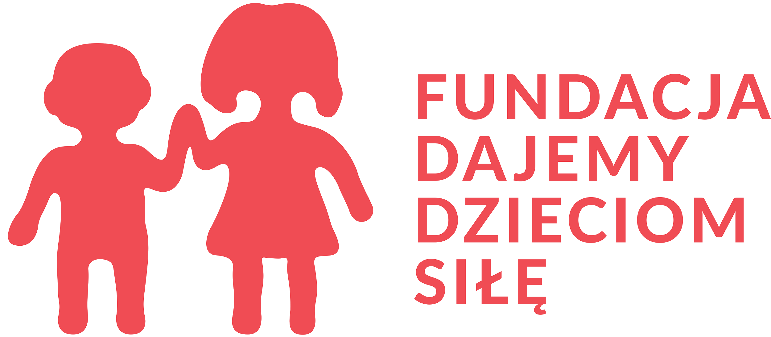 Logo Fundacji Dajemy Dzieciom Siłę. Po lewej stronie znajdują się dwie czerwone, uproszczone sylwetki dzieci &mdash; chłopca i dziewczynki &mdash; trzymających się za ręce. Po prawej stronie, w pięciu linijkach, widnieje czerwony napis drukowanymi literami: &bdquo;FUNDACJA DAJEMY DZIECIOM SIŁĘ&rdquo;.