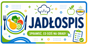 Kolorowy prostokątny baner z napisem „Jadłospis” w granatowym kolorze, ilustracją talerza z jedzeniem, sztućców oraz grafikami związanymi z posiłkami.