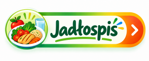 Kolorowy prostokątny baner z napisem „Jadłospis” w granatowym kolorze, ilustracją talerza z jedzeniem, sztućców oraz grafikami związanymi z posiłkami.