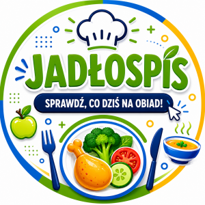 Kolorowy prostokątny baner z napisem „Jadłospis” w granatowym kolorze, ilustracją talerza z jedzeniem, sztućców oraz grafikami związanymi z posiłkami.