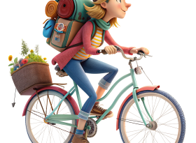 Ilustracja przedstawiająca uśmiechniętą dziewczynę jadącą na pastelowym rowerze. Dziewczyna nosi czapkę z daszkiem, dżinsy, sportowe buty i kolorowy sweter. Na plecach ma duży plecak turysty