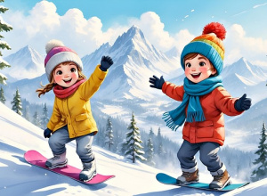 Ilustracja przedstawia dwoje dzieci jadących na snowboardzie po ośnieżonym stoku górskim w słoneczny dzień.