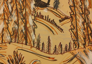 Praca plastyczna dziecka przedstawiająca zimowy pejzaż.