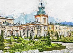 Artystyczna ilustracja przedstawiająca Pałac w Wilanowie w Warszawie, w stylu akwarelowym.