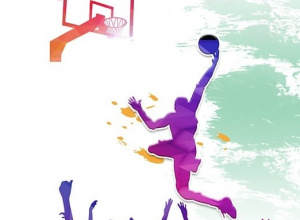 Grafika przedstawiająca sportowca rzucającego do kosza.