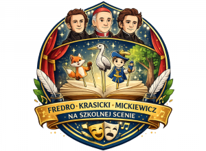 Logo wydarzenia przedstawiające szkolną scenę teatralną inspirowaną twórczością Fredry, Krasickiego i Mickiewicza oraz bohaterów bajek w formie kukiełek.