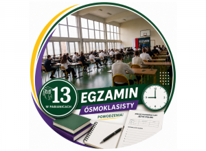 Nowoczesne logo „Egzaminu Ósmoklasisty” w kolorach SP13 z salą egzaminacyjną, numerem szkoły, motywami szkolnymi i zegarem wskazującym godzinę 9:00.