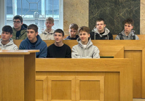 Grupa uczniów siedzi na ławach w sali sądowej, zwrócona w stronę stołu mówcy. W tle okno i marmurowe ściany.