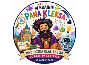 Kolorowe logo przedstawia Pana Kleksa, eksperymenty naukowe, książki i elementy sztucznej inteligencji.