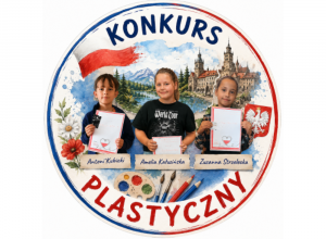 krągłe logo konkursu plastycznego „Piękna Nasza Polska Cała” z fotografiami wyróżnionych uczniów oraz motywami patriotycznymi i plastycznymi w barwach Polski.