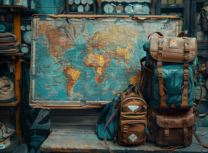 Stara mapa świata w stylu retro ustawiona pionowo na biurku lub ladzie. Przed mapą stoją trzy plecaki podróżnicze w stylu vintage – dwa mniejsze i jeden duży.
