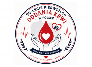 Logo jubileuszu 90-lecia pierwszego oddania krwi w Polsce przedstawiające symbol kropli krwi, serca oraz ideę bezinteresownej pomocy, solidarności i ratowania życia.