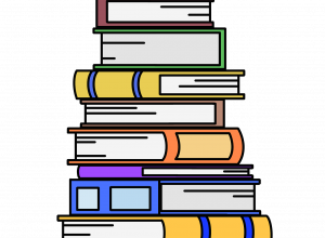 Ilustracja stosu kolorowych książek ułożonych jedna na drugiej w stylu kreskówkowym.
