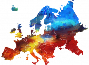 Kolorowa mapa polityczna Europy Środkowej i Wschodniej przedstawiająca granice państw, stolice oraz większe miasta.