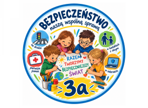 Logo wydarzenia: Uczniowie klasy 3a wspólnie tworzą plakaty dotyczące różnych zasad bezpieczeństwa.