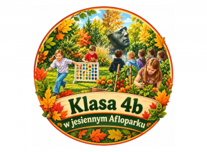 Okrągłe logo wydarzenia „Klasa 4b w jesiennym Afloparku” z motywami parku, rzeźby, ogrodu, zabaw na świeżym powietrzu i kolorowych jesiennych liści.
