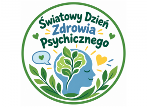 Okrągłe logo „Światowy Dzień Zdrowia Psychicznego”. Niebieski profil głowy z zielonym mózgiem w formie liści, otoczony roślinami i symbolami wsparcia.
