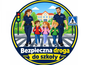 Okrągła grafika z napisem „Bezpieczna droga do szkoły”. Policjantka i policjant towarzyszą dzieciom przechodzącym przez pasy. W tle szkoła, sygnalizator i znak drogowy.