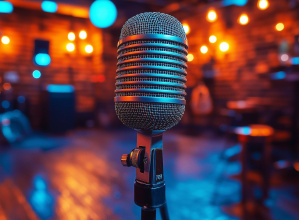 Zbliżenie na klasyczny mikrofon stojący na statywie, ustawiony w kolorowo oświetlonym wnętrzu z żarówkami i meblami w tle.