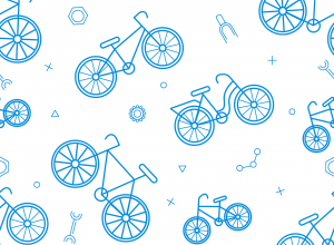 Wzór z niebieskimi konturami różnych typów rowerów na białym tle. Wśród rowerów znajdują się także drobne elementy techniczne i geometryczne kształty, takie jak zębatki, śruby i symbole.
