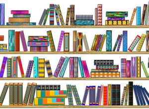 Ilustracja przedstawia cztery poziome półki wypełnione książkami w różnobarwnych, dekoracyjnych okładkach o geometrycznych i abstrakcyjnych wzorach. Książki są ustawione pionowo i poziomo.