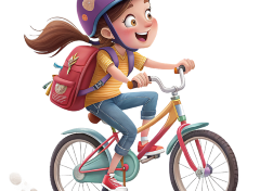 Dziewczynka w kasku rowerowym jedzie na kolorowym rowerze, ma czerwony plecak i uśmiechniętą twarz.